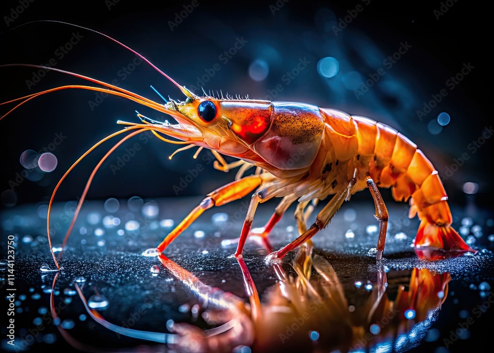 custom made wallpaper toronto digitalMacro lens captures a shrimp, glistening with water droplets, on a wet surface, long exposure blurring the motion.