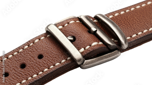 Detailed close-up of a brown leather strap with a metal buckle showcasing craftsmanship and design elements.