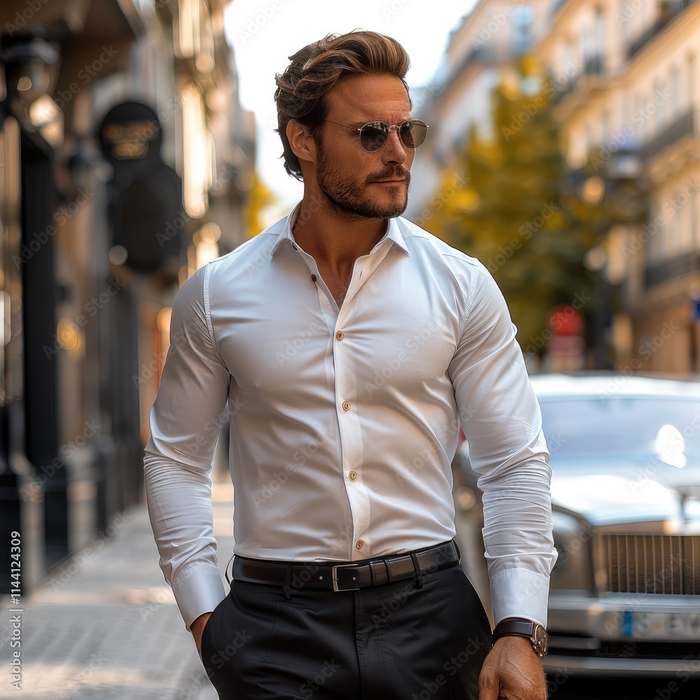 A handsome man is wearing a long sleeve dress shirt in white and black pants with a black belt, walking on the city street, before a luxury car.