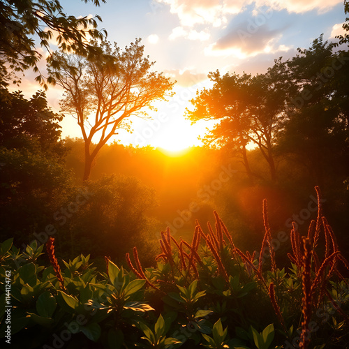 A luxurious and vibrant nature scene bathed in warm golden hour light, featuring rich deep teal tones and soft light characteristic of sunrise or sunset.jpg