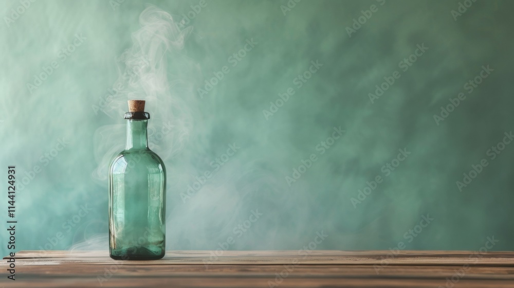 Glass bottle emitting soft mist against a green textured background Glass bottle emitting soft mist against a green textured background