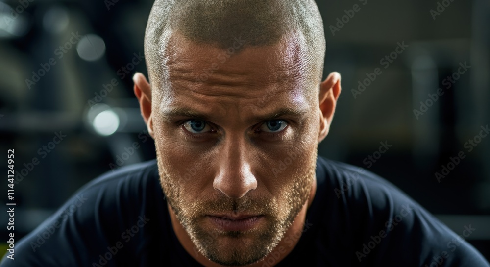 Intense focus of muscular man in gym setting Intense focus of muscular man in gym setting