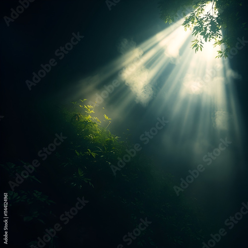 A high-angle perspective of a nature scene illuminated by volumetric lighting, showcasing light beams through dust or fog.jpg