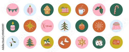 Christmas highlight covers for social media. Set of cute flat design Winter holidays illustrations. Hand drawn icons with cozy Xmas symbols. Stickers, weekly planner elements.
