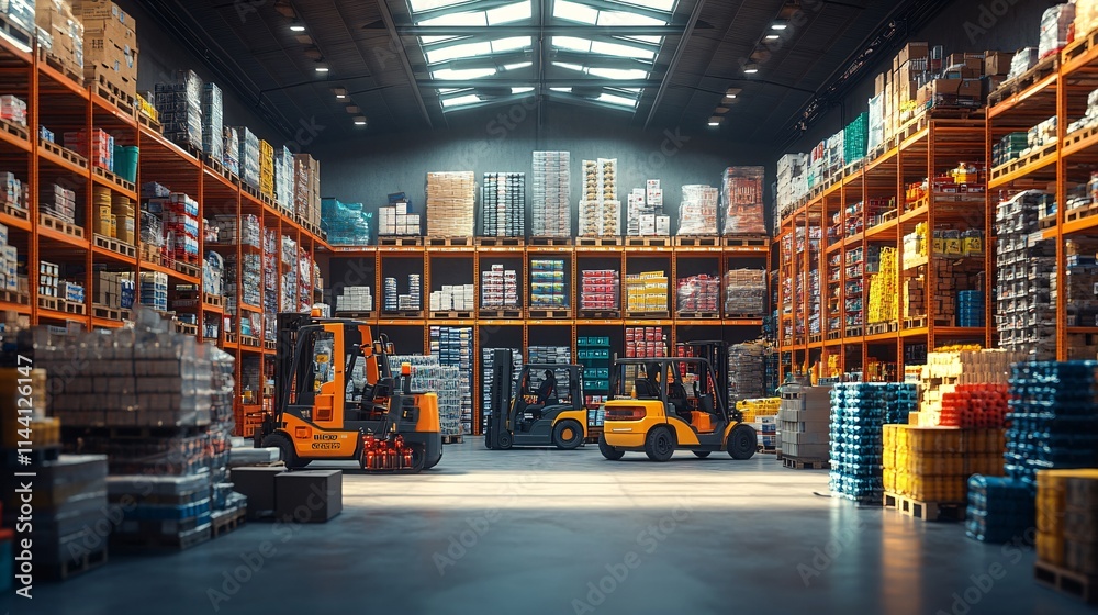 custom made wallpaper toronto digitalWide shot of a retail warehouse with rows of goods on shelves, pallets, and forklifts, illustrating the core of logistics and product distribution.