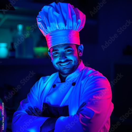A chef is illuminated by glowing bioluminescent colors, creating natural light effects in vibrant blues, greens, and purples.jpg