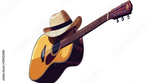 Acoustic guitar with a straw cowboy hat in a vibrant and artistic style, perfect for representing music, country themes, or summer vibes with a touch of creativity and fun. photo