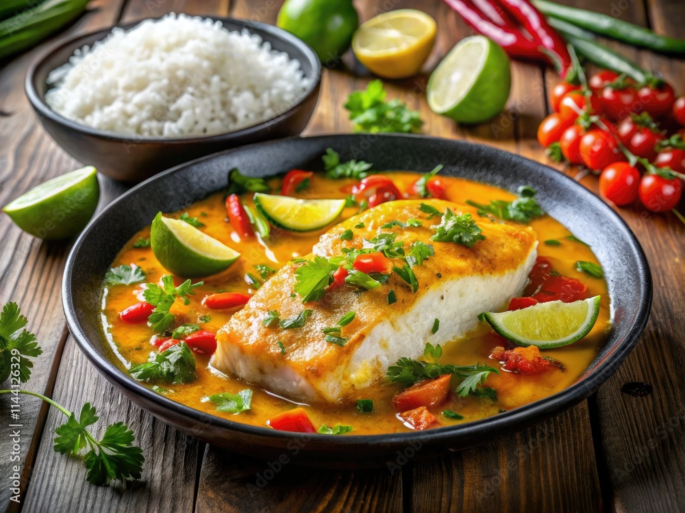 Savory fish fillets simmered in a vibrant moqueca sauce, served with coconut rice and fresh herbs. Savory fish fillets simmered in a vibrant moqueca sauce, served with coconut rice and fresh herbs.