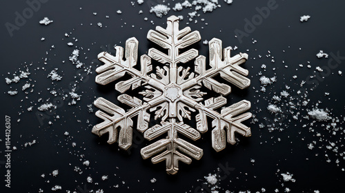 Intricate snowflake made of sterling silver, shot from above
