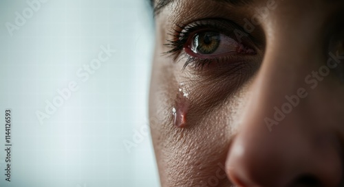 Emotional close-up of tearful eye with visible details and texture