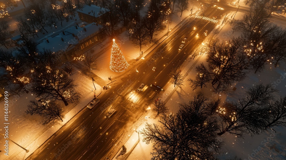 Naklejka premium Winter holiday celebration city street aerial view festive atmosphere evening lights christmas tree illuminated
