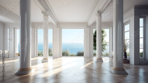 Sunlit spacious room with white columns, large windows, ocean view, and marble floor.