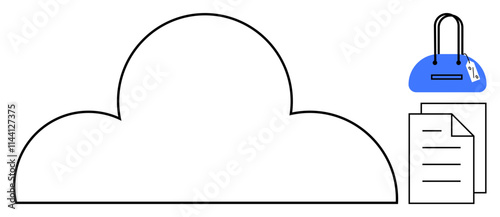 Cloud with blue lock and documents. Ideal for cloud storage, data security, online privacy, digital file management, cyber protection, secure downloads, IT services. Line metaphor