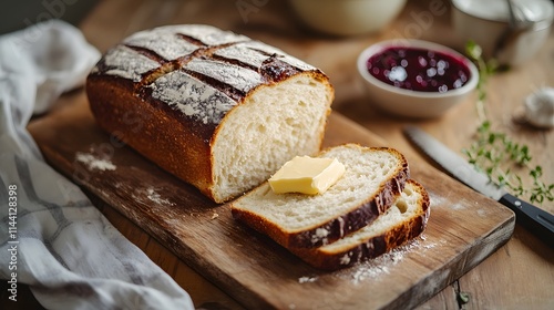 Homemade Loaf of Bread Sliced with Butter photo