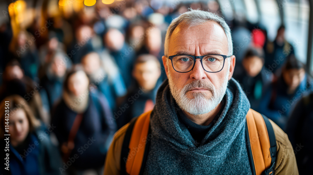 Sad middle aged man in public transport