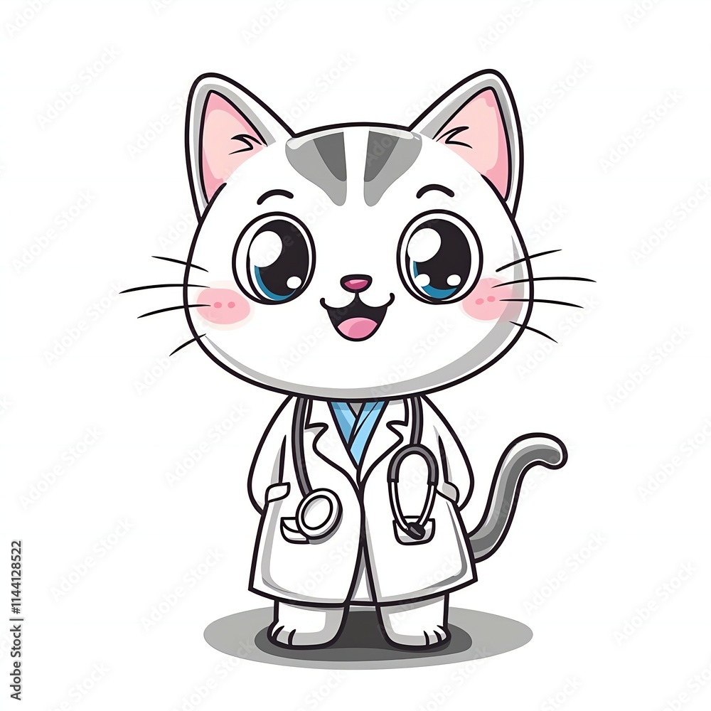 Obraz premium Kawaii 2D cartoon vector cat dressed as a doctor with a stethoscope, cheerful expression, simple design, white background.