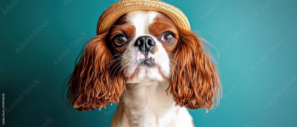 Naklejka premium Adorable Cavalier King Charles Spaniel Dog Wearing Summer Hat
