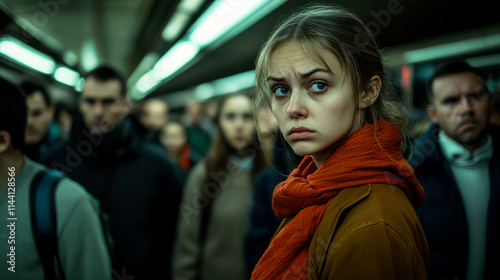 Sad, depressed, tired young woman in crowded subway photo