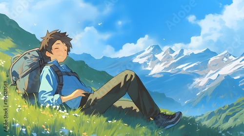 Anime-style boy relaxing in a mountainous landscape, a peaceful nature-inspired scene.