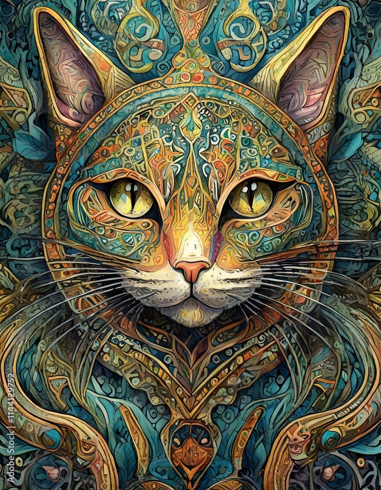 Naklejka premium A cat with a yellow eye is painted on a blue background