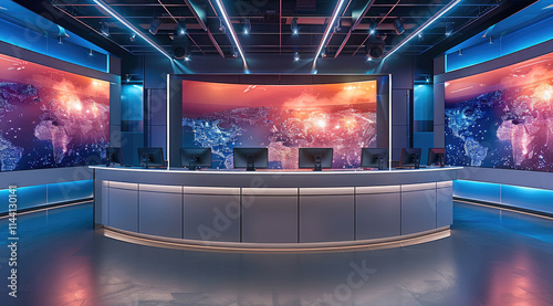 A professional and modern TV news studio designed for virtual backgrounds. features a sleek anchor desk with built-in LED lighting, surrounded by large screens displaying graphics or a world map.