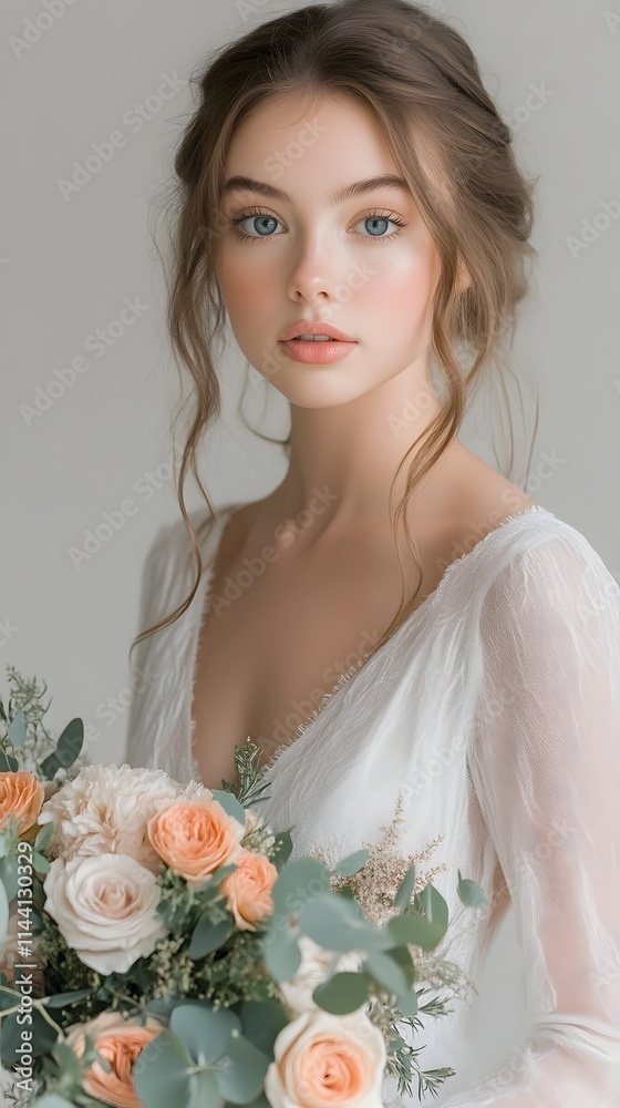 Naklejka premium Beautiful bride holding a bouquet of flowers.