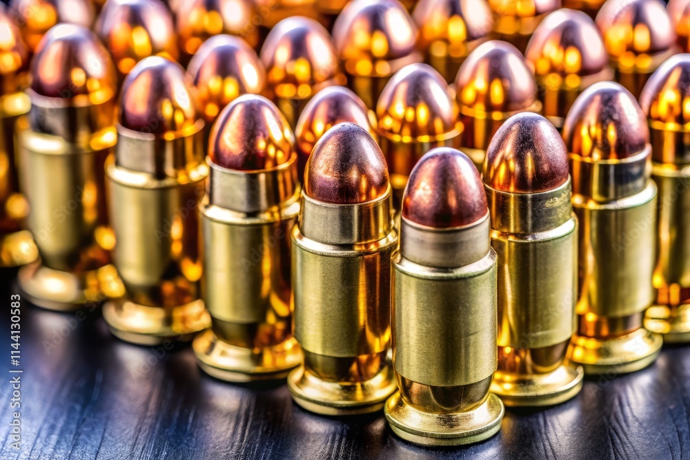 9mm Parabellum Ammunition: Close-up Medium Shot of Bullets - High-Resolution Photo 9mm Parabellum Ammunition: Close-up Medium Shot of Bullets - High-Resolution Photo