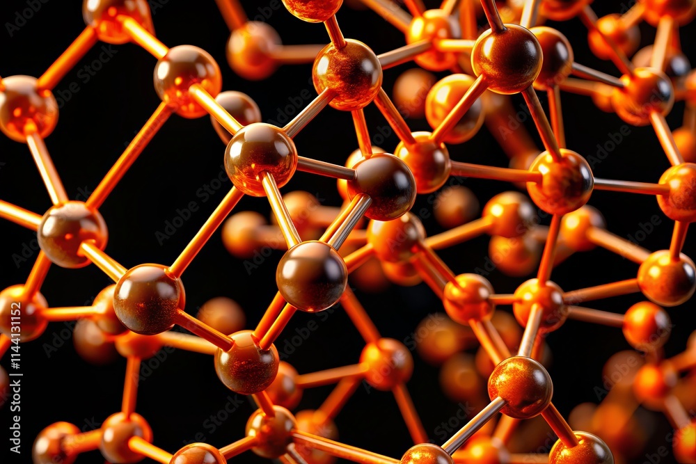 Abstract Orange Molecular Structure Close-Up - Black Background Scientific Abstract Orange Molecular Structure Close-Up - Black Background Scientific