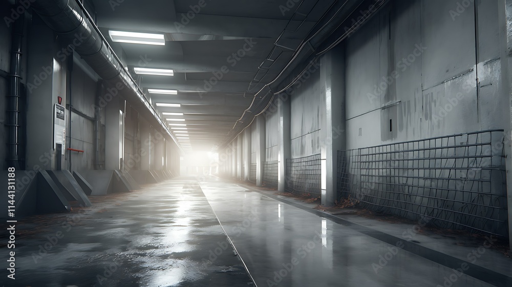 Long, dark industrial corridor with light at the end, wet floor, and metallic walls.