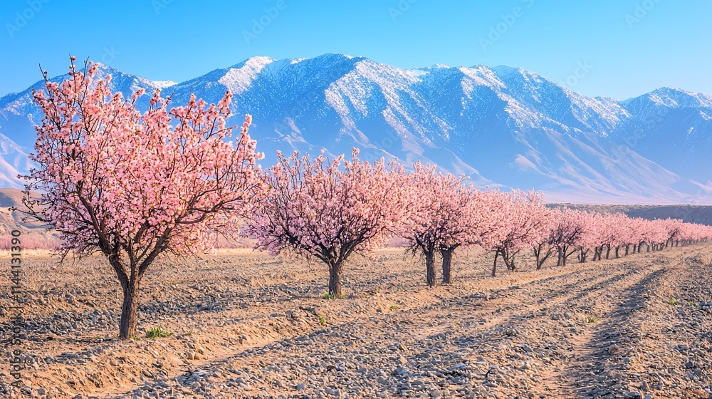 Pink almond blossoms orchard in spring, mountain backdrop. Pink almond blossoms orchard in spring, mountain backdrop.