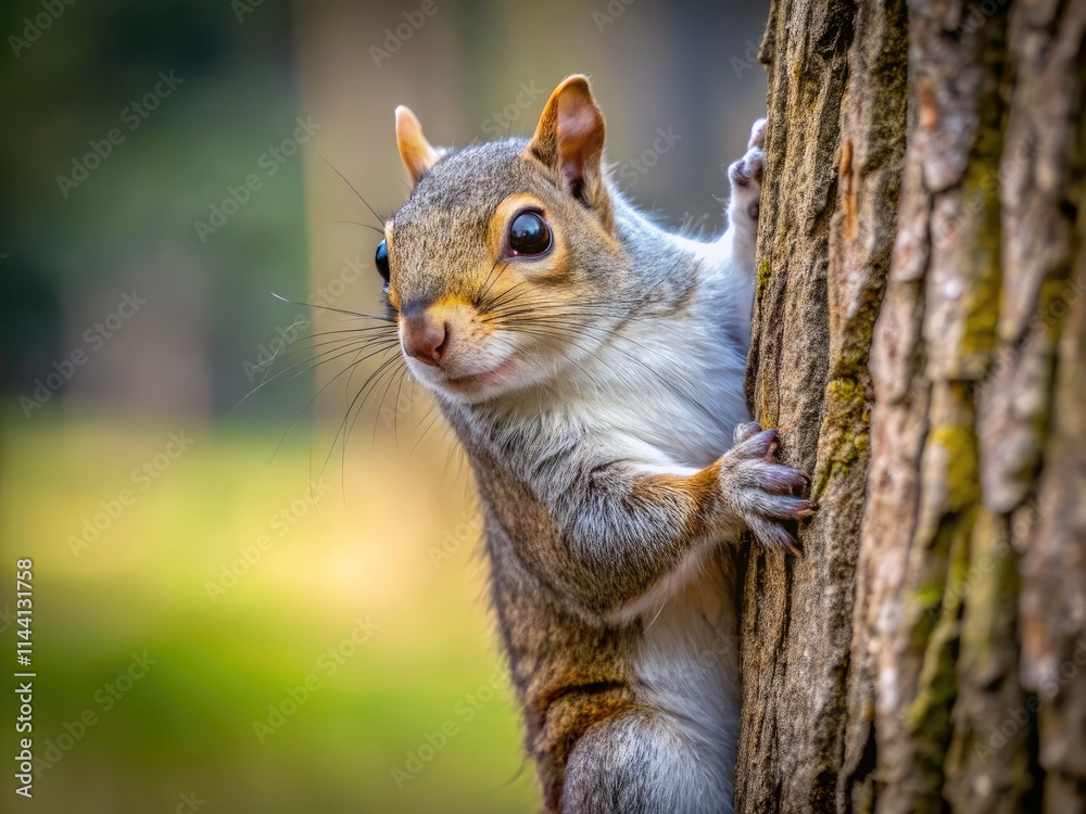 A gray squirrel, minimalist pose, clings to a tree trunk against a simple background. A gray squirrel, minimalist pose, clings to a tree trunk against a simple background.