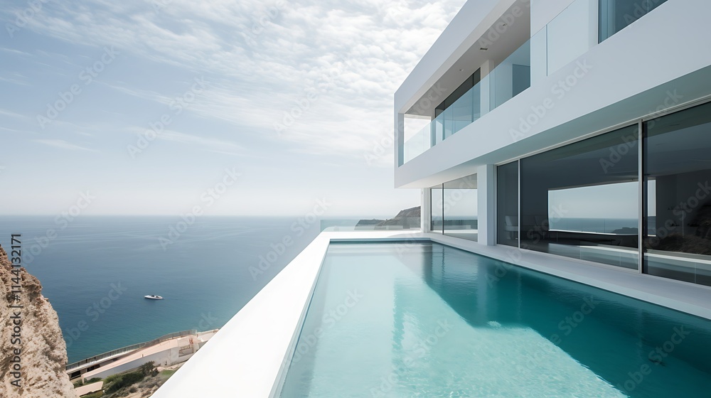 Obraz premium Modern white cliffside house with infinity pool overlooking ocean.