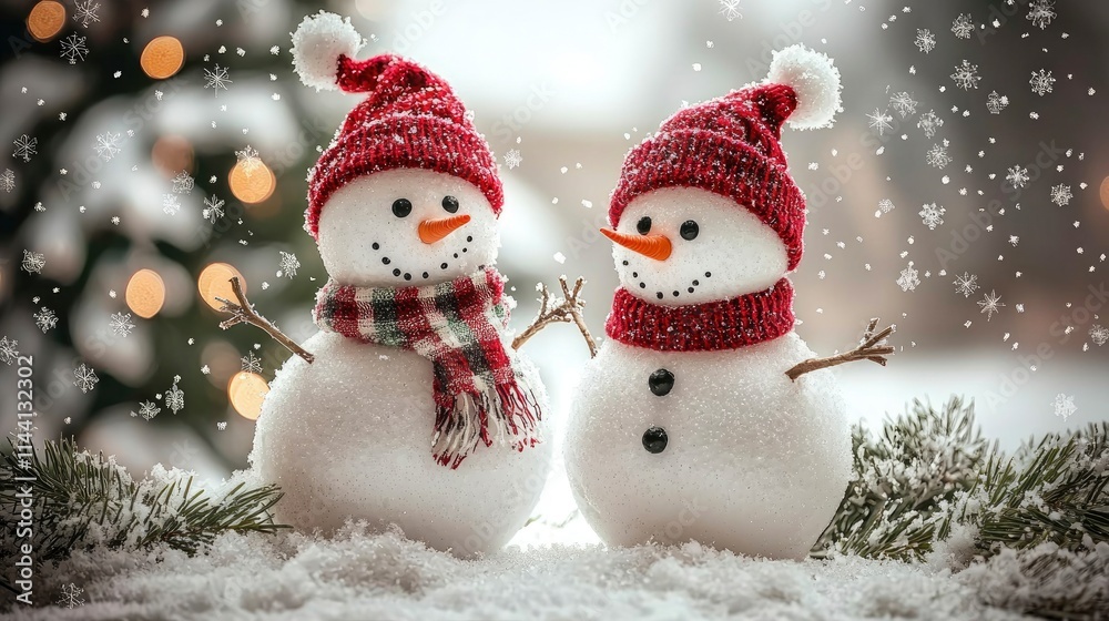 Adorable Snowmen in Winter Wonderland with Falling Snow Adorable Snowmen in Winter Wonderland with Falling Snow
