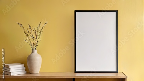 Mockup poster frame closed in a yellow room