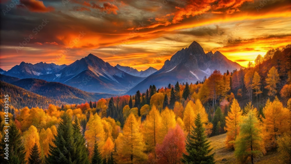 Autumn's golden hour bathes majestic peaks in night's embrace. Autumn's golden hour bathes majestic peaks in night's embrace.