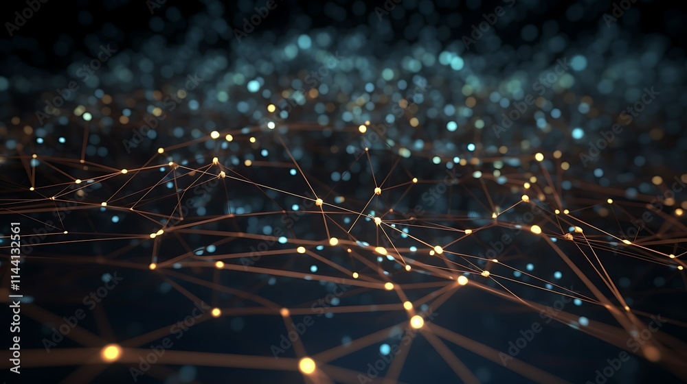 Fototapeta premium Abstract network connection. Glowing nodes and lines forming a complex web, representing digital technology, communication, and global network.