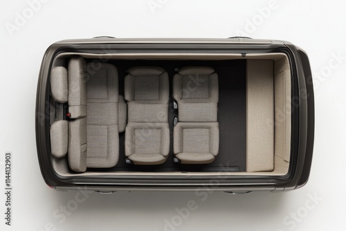 Overhead view of a dark-colored minivan's interior showing beige seats and cargo area.