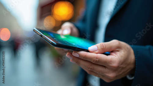 Elegant Hand Holding Smartphone with Digital Wallet App: Perfect for Financial Tech Marketing and App Promotion