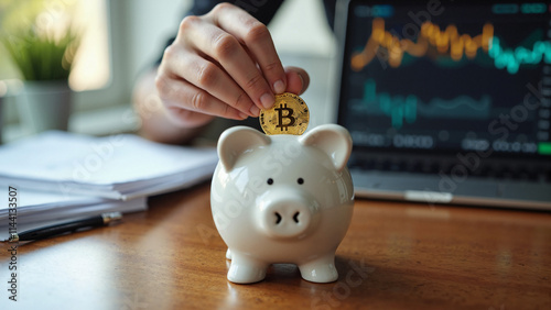 Hand placing bitcoin into minimalist piggy bank: Cryptocurrency savings concept for financial advisors and investors