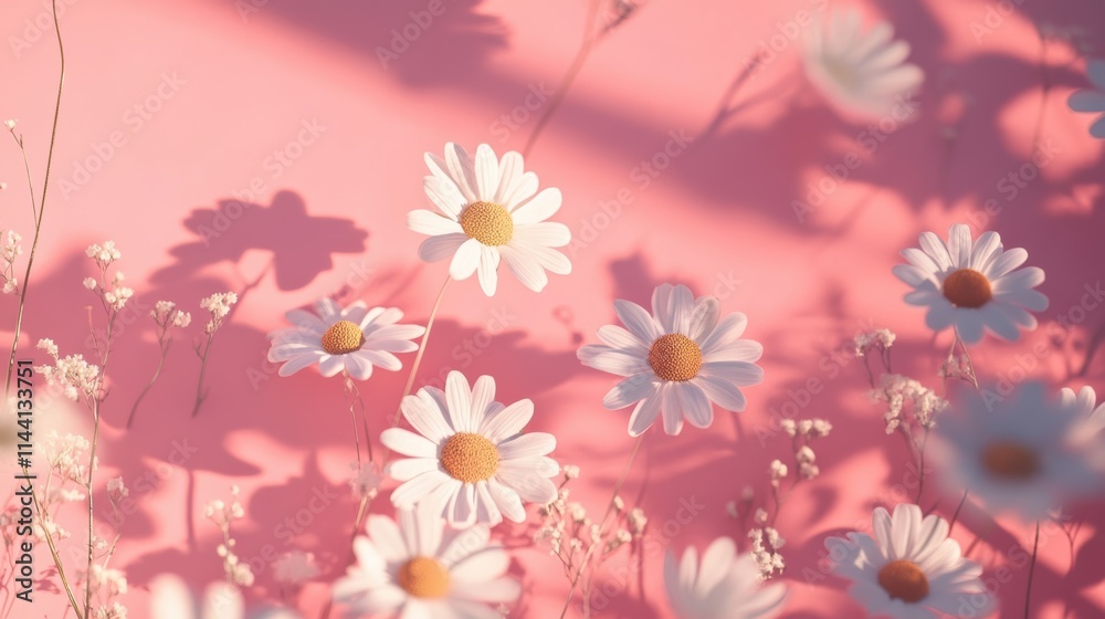 Pastel pink backdrop with wildflowers and white daisies flat lay Pastel pink backdrop with wildflowers and white daisies flat lay