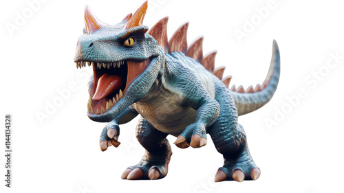 A vibrant, cartoon-style dinosaur character with sharp teeth stands menacingly against a transparent background, showcasing fun and creativity. photo