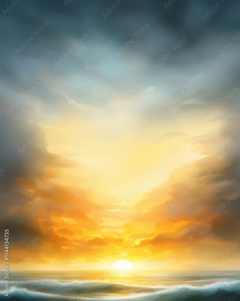 Tranquil Sunset Over Ocean Waves with Dramatic Cloudy Sky Tranquil Sunset Over Ocean Waves with Dramatic Cloudy Sky