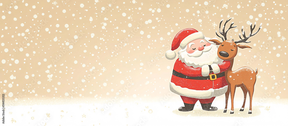 Cartoon of fat Santa Claus and reindeer hugging in a snowy background. Cartoon of fat Santa Claus and reindeer hugging in a snowy background.