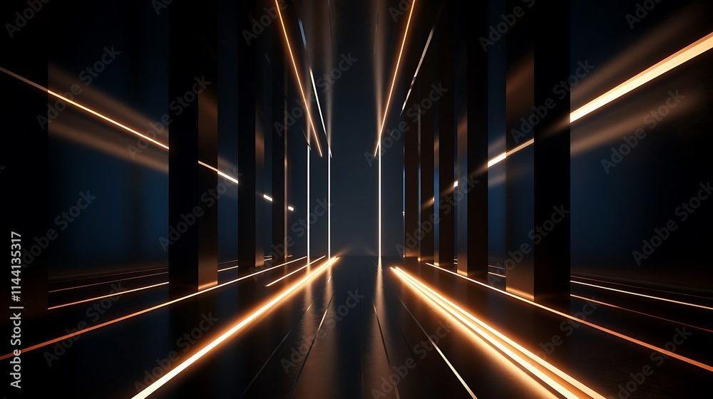 Abstract dark corridor with glowing lines and reflective floor. Abstract dark corridor with glowing lines and reflective floor.