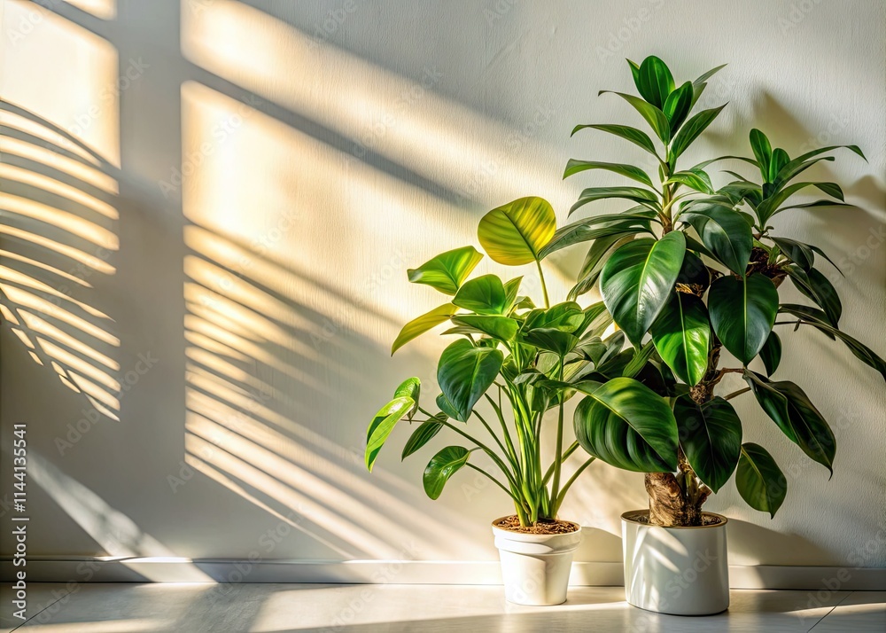 Golden sunlight streams through a window, casting playful shadows on a white wall, creating a serene interior. Golden sunlight streams through a window, casting playful shadows on a white wall, creating a serene interior.