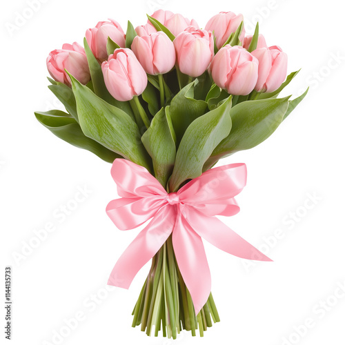 Romantic bouquet with pink tulips with pink silk ribbon bow. Isolated PNG for Valentine's day