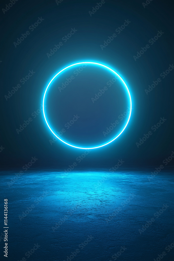 Green and Blue Neon Light with Tropical Leaves, Background dark with a neon circle. Neon light on the leaves. Floral background
