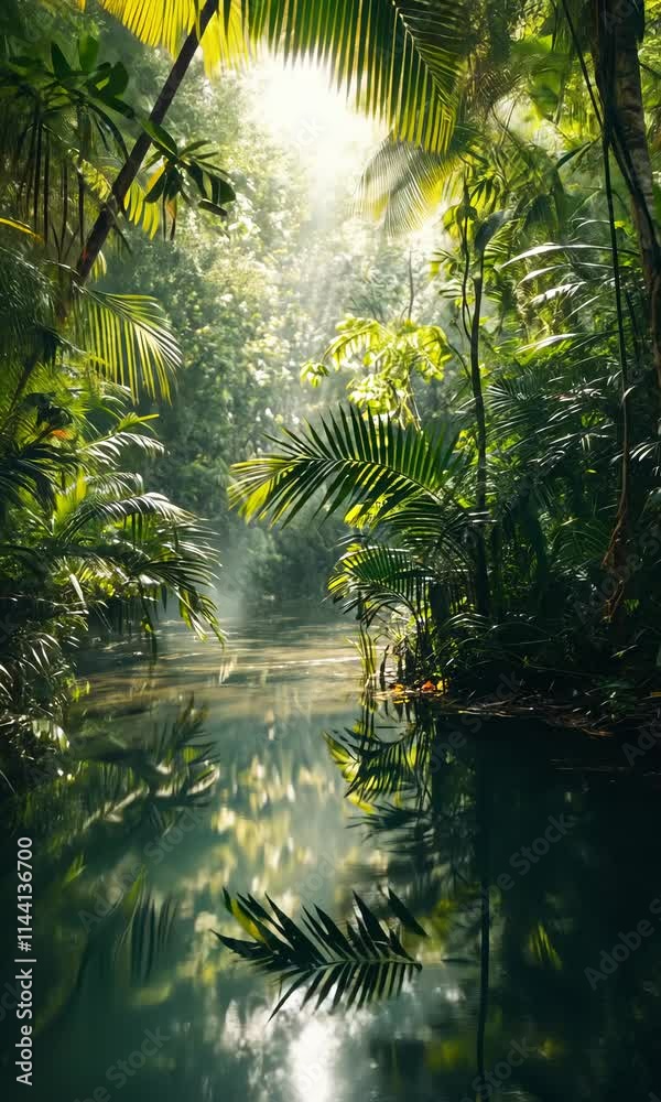 Peaceful rainforest oasis with serene water reflection and sunlight filtering through lush greenery Peaceful rainforest oasis with serene water reflection and sunlight filtering through lush greenery