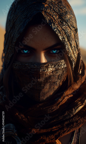 ultra detailed digital minimalistic line art watercolor render of a futuristic beautiful female desert nomad, detailed symmetric beautiful BLUE eyes, sand color clothes/ detailed gorgeous face photo