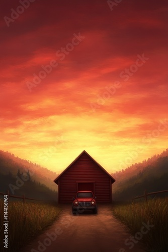 Red truck parked in front of barn at sunset.